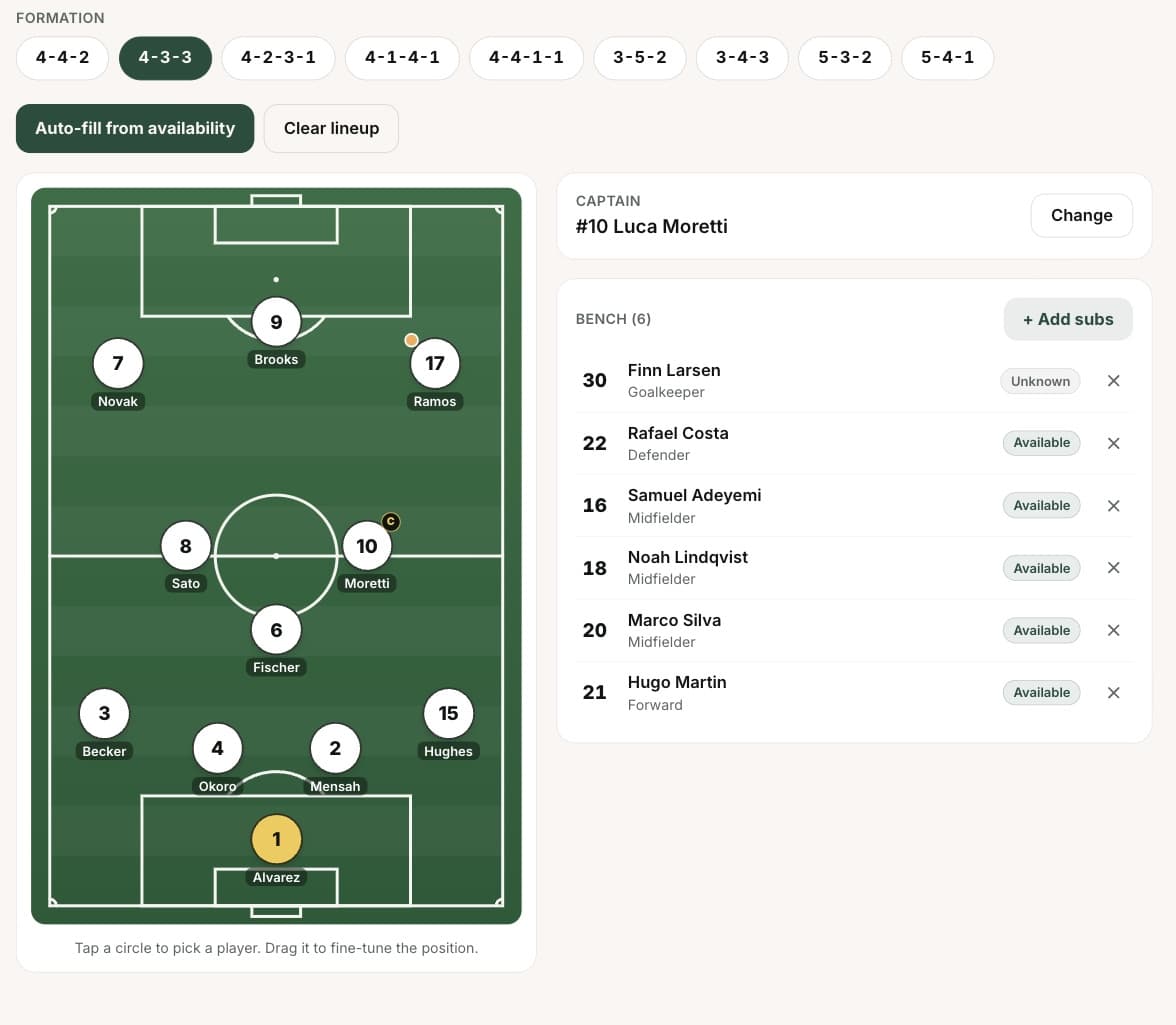 Lineup builder showing a 4-3-3 with names and numbers